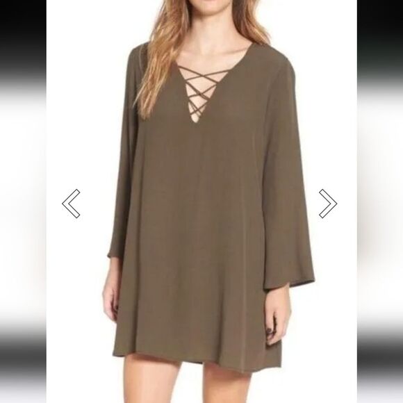 ASTR Olive Green Loose Tunic Long bell Sleeve Dress size large - Picture 1 of 8